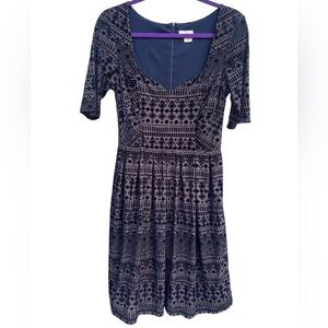 Anthropologie Meadoe Rue navy short sleeve velvet burnout fit and flare dress